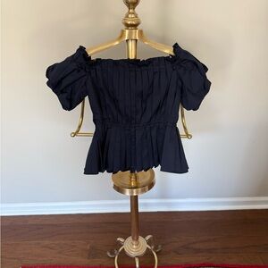 NWT Antonio Melani Navy Blue Off The Shoulder Puff Sleeve Pleated Top Size 6